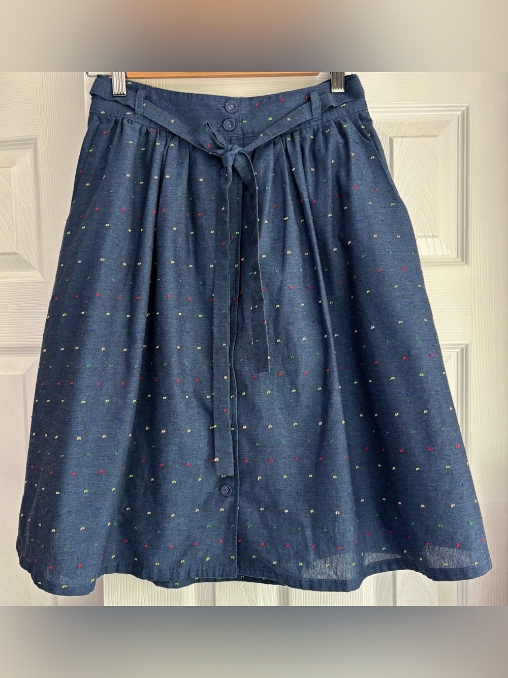 ModCloth Navy Blue Circle Skirt with Multicolor Dots 100% Cotton POCKETS! Sz 4